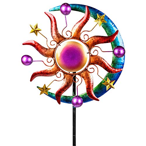 Buntes Windrad Sonne Mond und Sterne für den Garten aus Metall Windspiel Windmühle 124 cm