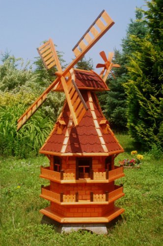 Deko-Shop-Hannusch XXL Windmühle, Gartenwindmühle, Windmühlen aus Holz, Beleuchtung Solar kugelgelagert 1,50m imprägniert (rot)
