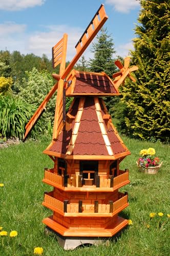 Windmühle 3 stöckig kugelgelagert 1,40 m Bitum rot mit Beleuchtung Solar, Solarbeleuchtung, mit extra Windrad hinten am Kopf, imprägniert, Kugellager einstellbar