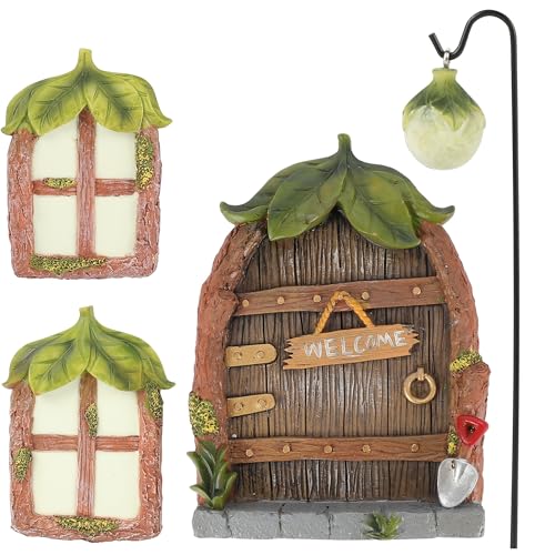 EDWINENE Feentür, Wichteltür Gartendeko, Miniatur Elfen-Tür und Fenster für Outdoor Bäumedekoration—leuchtenden Baum Garten Tür für Geschenk (Pilz 3)