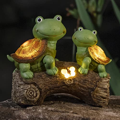 La Jolíe Muse Gartendeko Gartenfigur - 26cm Froschgesicht Schildkröten Harzskulptur mit Solar LED Lichtern für die Innen- und Außennutzung, Terrassen- und Gartendeko, Ornament für die Wiese