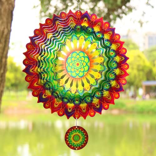 TFANUO 3D Mandala Windspiel 30cm Edelstahl Hängender Windspinner Metallkunst kinetische Dekor Garten Draußen Dekorationen