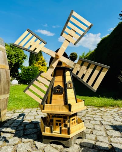 DARLUX handgefertigte Sechseck Doppelstock Garten Windmühle aus Holz Natur/Schwarz H= 93 cm