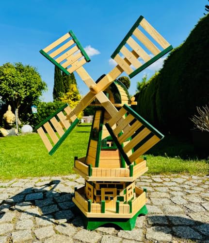 DARLUX Handgefertigte sechseck Doppelstock Garten Windmühle aus Holz Natur/Grün Höhe 93 cm