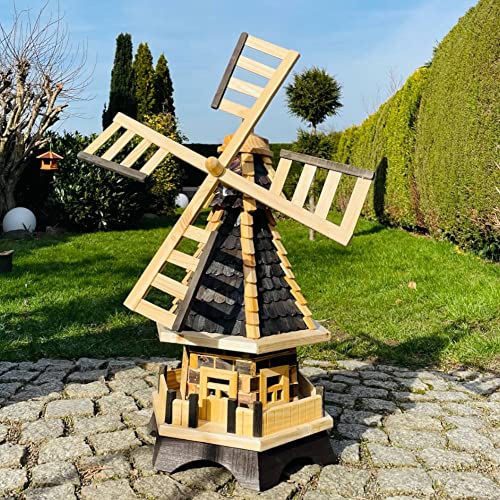 DARLUX Sechseck handgefertigte Garten-Windmühle XL für draußen, kugelgelagert, Holz Natur, Höhe 91 cm, Durchmesser Flügel 66 cm (Natur/Dunkel)
