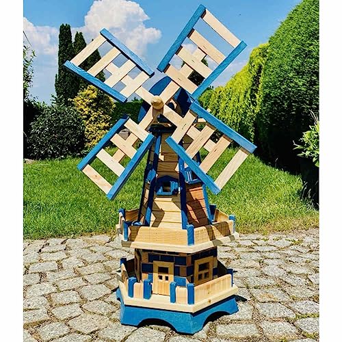 DARLUX handgefertigte Sechseck Doppelstock-Garten-Windmühle aus Holz Natur/Blau Höhe 93 cm