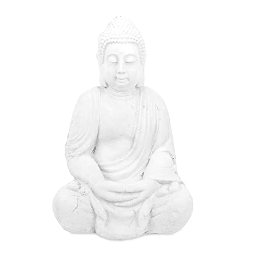 Relaxdays Buddha Figur sitzend, 70 cm hoch, XL Garten Dekofigur, wetterfest & frostsicher, Dekoskulptur Wohnzimmer, weiß