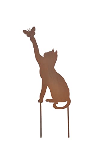Rostiges Katze Gartenstecker- Höhe 41cm tolle gartendeko aus Rost-Metall, deko rostoptik, Rostfiguren Tiere, - Metall Rost Gartendeko Edelrost rostiger Beetstecker