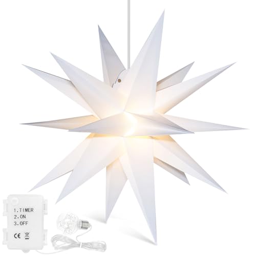 Qijieda 3D Weihnachtsstern Beleuchtet Außen Batterie mit Timer - 58cm led Weihnachtsstern für Fenster, Adventsstern Stern Zum Dekorieren von Innenhof, Balkon Und Garten (58cm, Weiß)