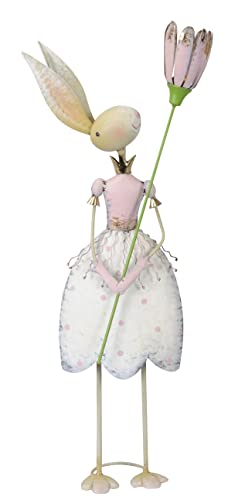 ETC große dekorative Osterfigur als Osterhasen-Dame aus Metall in weiß rosa Kleid mit rosa Blume aus Metall beidseitig farbig