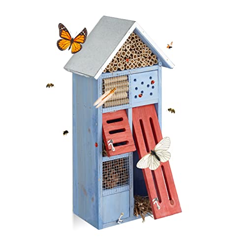 Relaxdays Insektenhotel mit Metalldach für Bienen & Schmetterlinge, Nisthilfe für Balkon, HxBxT: 48,5 x 24 x 14 cm, blau