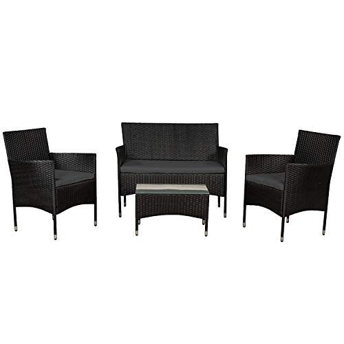 Juskys Polyrattan Gartenmöbel-Set Fort Myers schwarz – Sitzgruppe mit Tisch, Sofa & 2 Stühlen - Balkonmöbel für 4 Personen mit grauen Auflagen