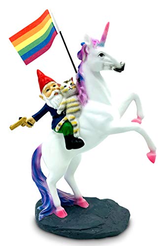 SEWAS Einhorn & Gartenzwerg mit Regenbogen Fahne und Katze, handbemalt und wetterfest aus hochwertigem Kunstharz, Pride Month Rainbow Unicorn