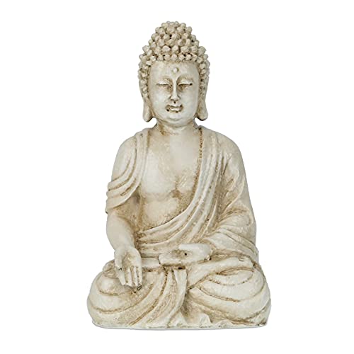 Relaxdays Buddha Figur, wetterfest, frostsicher, Gartenstatue groß, Outdoor, Zen Dekofigur HxBxT: 40x23x16 cm, cremeweiß