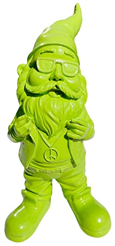SEWAS Gartenzwerg, lustig Cooler Rocker mit Peace Kette, Limited Lime Green Edition, handbemalt und wetterfest aus hochwertigem Kunstharz, Dekofigur