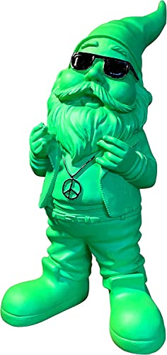 SEWAS Gartenzwerg Rocker mit Peace Kette, Neongrün-Schwarz Edition, handbemalt und wetterfest aus hochwertigem Kunstharz, Dekofigur
