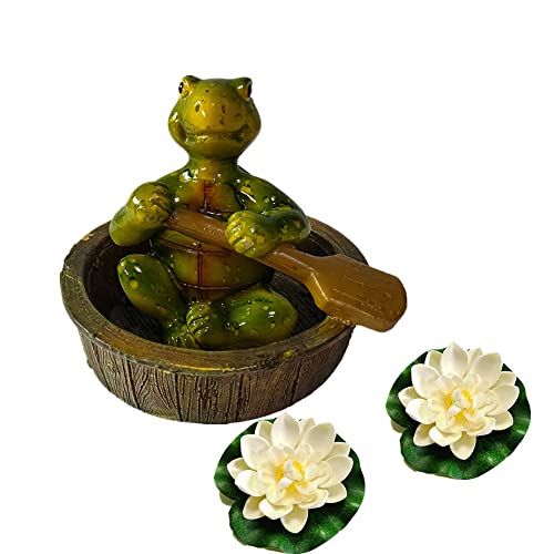 Super Idee Miniteich Deko Schildkröte auf Holzfass mit 2 Schwimmend Lotusblüte schwimmend Teichfigur für Miniteich Terrassenteich Zinkwannen Solarbrunnen Innenbrunnen Deko (Schildkröte auf Holzfass)