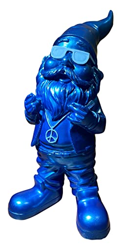 SEWAS Gartenzwerg, Rocker mit Peace Kette in hellblau, Blue-Blue Edition, Blau mit Glitzereffekt, handbemalt und wetterfest aus hochwertigem Kunstharz, Dekofigur
