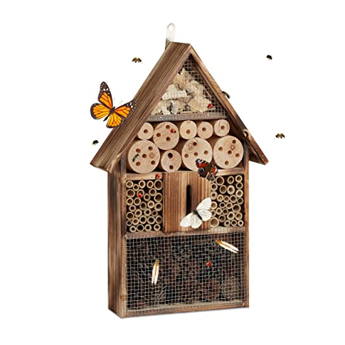 Relaxdays Insektenhotel 50 cm groß, Zum Aufhängen, Bienenhotel und Schmetterlingshaus, Geflämmtes Holz, natur