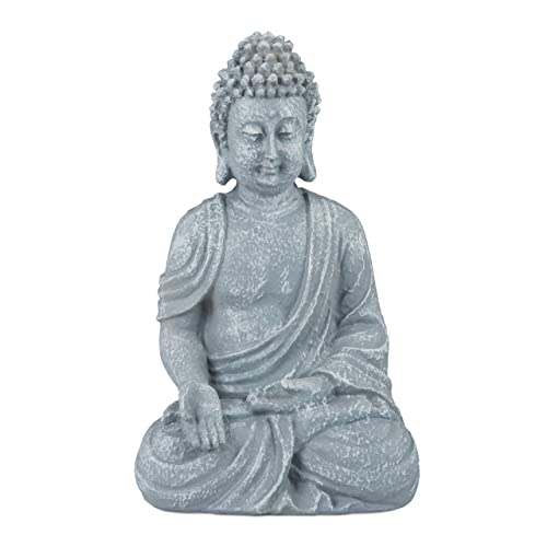Relaxdays Buddha Figur sitzend, 30 cm, Gartenfigur, Dekofigur Wohnzimmer, Polyresin, wetterfest, frostsicher, hellgrau