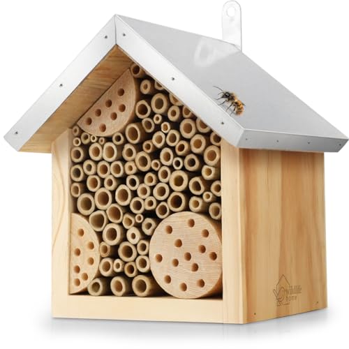 WILDLIFE HOME Bienenhotel mit Metalldach, Wildbienen Insektenhotel - Fertig Montiert aus Kiefernholz & 100% Wetterfest - Unbehandelt, Insektenhotel, Nisthilfe für Wildbienen