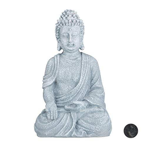 Relaxdays Buddha Figur sitzend, 40 cm hoch, Feng Shui Deko, wetterfest & frostsicher, große Garten Dekofigur, hellgrau