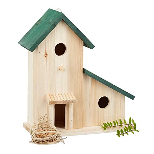 Relaxdays Vogelvilla aus Holz, dekorative Nisthilfe und Futterhaus, Balkon oder Garten, HxBxT: 30,5 x 26 x 12 cm, grün