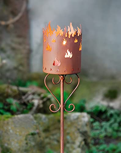 Gartenfackel'Flammenkelch' aus korrodiertem Metall in Rost Optik, 90 cm hoch, Gartenstecker, Kerzenhalter, Gartendeko