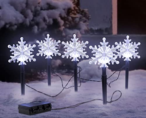 LED Gartenstecker 5er Set Schneeflocken mit Timer - je 21 cm H - Garten Deko Beleuchtung kalt weiß - Weihnachten Advent Winter Schnee Stern Leuchtstäbe für Außen Batterie betrieben