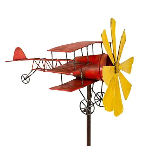 CIM Metall Windspiel - Flugzeug Roter Baron - wetterfest - mit Antik-Effekt - Windrad: Ø30cm - Motiv: 44x46cm - Gesamthöhe: 160cm - inkl. Standstab