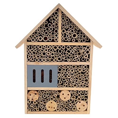 Bienenhotel | Insektenhotel aus unbehandeltem Holz und Bambus zum Aufhängen mit Holz-Dach, ideal als Nisthilfe für Wildbienen, Marienkäfer, Florfliegen und andere nützlichen Insekten (Spitzdach)