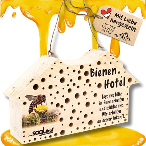 sagl.tirol Insektenhotel für Wildbienen aus Zirbenholz [100% Natur] Bienenhotel als Nisthilfe mit über 100 Bohrungen in 3/4/5/6/8/10 mm Durchmesser I Wildbienen Nisthilfe I Bienen Balkon