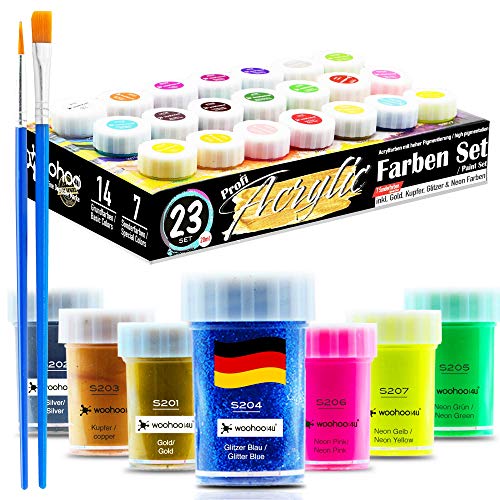 woohoo4u Profi Acryl-Farben Set - 21 Farben je 20 ml Künstlerfarben mit 2 Pinsel inkl. Acrylfarben Metallic Gold, Kupfer, Silber, Glitzer Blau, Neon Farben, Leinwand bemalen, Holz, Ton, Papier