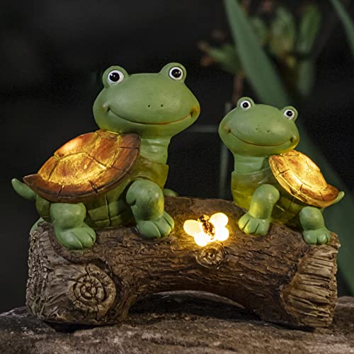 LA Jolie Muse Gartendeko Gartenfigur - 26cm Froschgesicht Schildkröten Harzskulptur mit Solar LED Lichtern für die Innen- und Außennutzung, Terrassen- und Gartendeko, Ornament für die Wiese