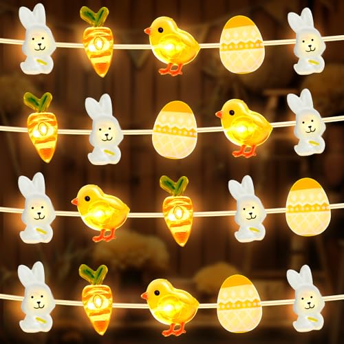 BOLWEO Ostern Lichterketten 6.56Ft 2M 20 LED Ostern Lichterkette mit Timer Batteriebetrieben mit Ostereiern, Huhn, Hase und Karotte LED Lichterkette für Innen Außen DIY Osterparty