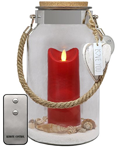 Dekovita Deko Windlicht Glas mit LED Kerze Rot - Glaslaterne mit Seil Ø16x30cm - Dekoglas Kerzenglas Geschenk Liebe Herz Weiß