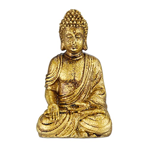 Relaxdays Buddha Figur Garten, wetterfest & frostsicher, Gartenbuddha sitzend, Gartenfigur, HxBxT: 17 x 10 x 7 cm, Gold