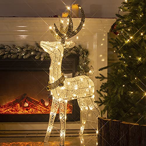 DELICHTER LED Rentier Metall Gold Weiß Eisen Rahmen Beleuchtet Weihnachtshirsch warm weiß Weihnachten Deko für Innen Außen（1.2M）