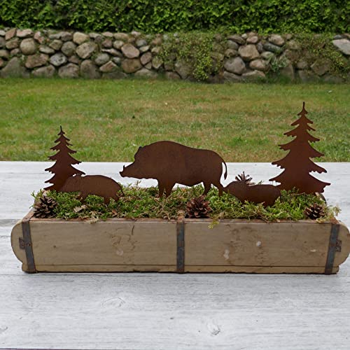 Gartenstecker Wildschwein Figuren mit Tannen 5er Set in Rostoptik als Weihnachtsdeko