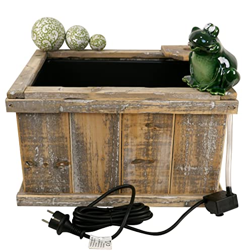 Storm's Gartenzaubereien Miniteich Set - Holzkiste mit Aufsatz Teich Becken für Wasserspeier Frosch mit Pumpe und Schwimmkugeln