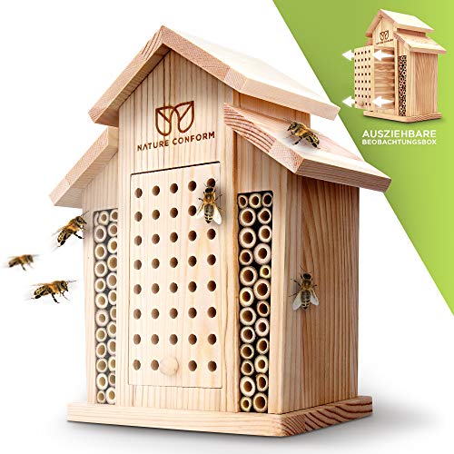Nature Conform Insektenhotel Naturholz - Bienenhotel [BEOBACHTUNGSNISTKASTEN]  Saubere Verarbeitung mit Bambusröhrchen | Nisthilfe Wildbienenhotel Garten und Balkon | Bienenhaus