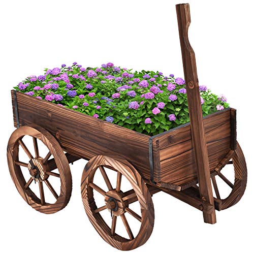 COSTWAY Blumenwagen Holz, Pflanzwagen 4 Rädern, Blumenkarre Pflanztopf Bollerwagen Garten Dekoration braun 120x43x53,5cm