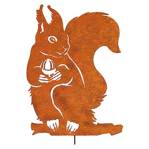 JYUECIAN Eichhörnchen Gartenstecker Rost 28x21 cm, Baumstamm Deko Gartendeko Rost für Draußen, Rostiges Edelrost Eichhörnchen Figur rost deko für Garten