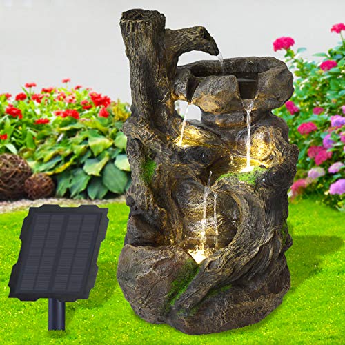 Solar Gartenbrunnen Brunnen Solarbrunnen Zierbrunnen Wasserfall Gartenleuchte Teichpumpe für Terrasse, Balkon, mit Pumpen, mit Liion-Akku & Led-Licht (BAUMWURZEL & Stein-Kaskade)