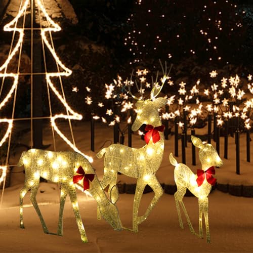 Starnearby 3-teiliges LED Rentier Familie, Weihnachtsdeko Weihnachtsbeleuchtung Aussen, Metall Weiß Eisen Rahmen Beleuchtet Weihnachtshirsch Weihnachtsfigur, Weihnachtsdekoration für Außen Innen