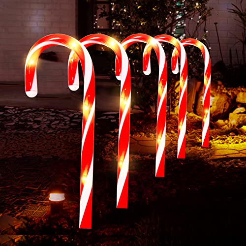 Herefun 5 Stück Zuckerstangen Lichterketten, Weihnachten LED Zuckerstange, Beleuchtete Zuckerstangen Lichter Weihnachtsweg Marker, Weihnachtssbeleuchtung für den Garten, Weihnachtsdeko Außen
