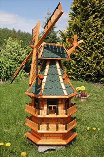 Windmühle 3 stöckig kugelgelagert 1,40m Bitum grün mit Beleuchtung Solar, Solarbeleuchtung, mit extra Windrad hinten am Kopf, imprägniert, Kugellager einstellbar