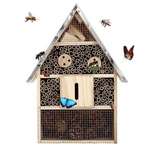 Buddy Wild Insektenhotel - 28x9,5x40 cm Umweltfreundliches Insektenhaus für Schmetterlinge Marienkäfer im Garten - Kinderfreundliches Witterungsbeständiges Bienenhotel Naturholz mit Metalldach