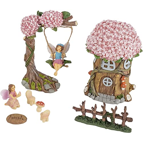 Miniatur-Feengarten-Set, 8 Ornamente, Gartendekoration mit Feenhaus, Fee auf Schaukel, Zaun, Stein, Fee auf Knien und Pilz-Tisch mit Stühlen
