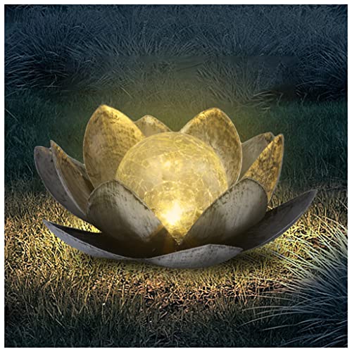 FLOWood Solarlampen für Außen Garten Lotus, Gartendeko für Draußen Lotusblten mit Crack Glas Kugel, Garten Geschenke für Frauen(Silber)